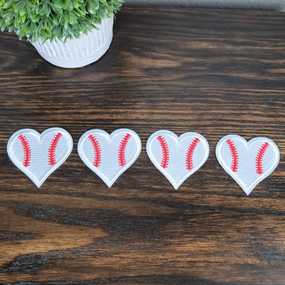 4 Baseball Heart Patches Iron On Sew On Embroidered Appliques‎ Sports Love